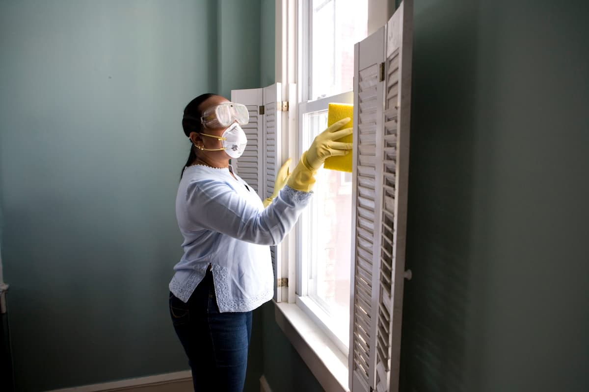 Professional cleaner in uniform working in a bright, modern home interior