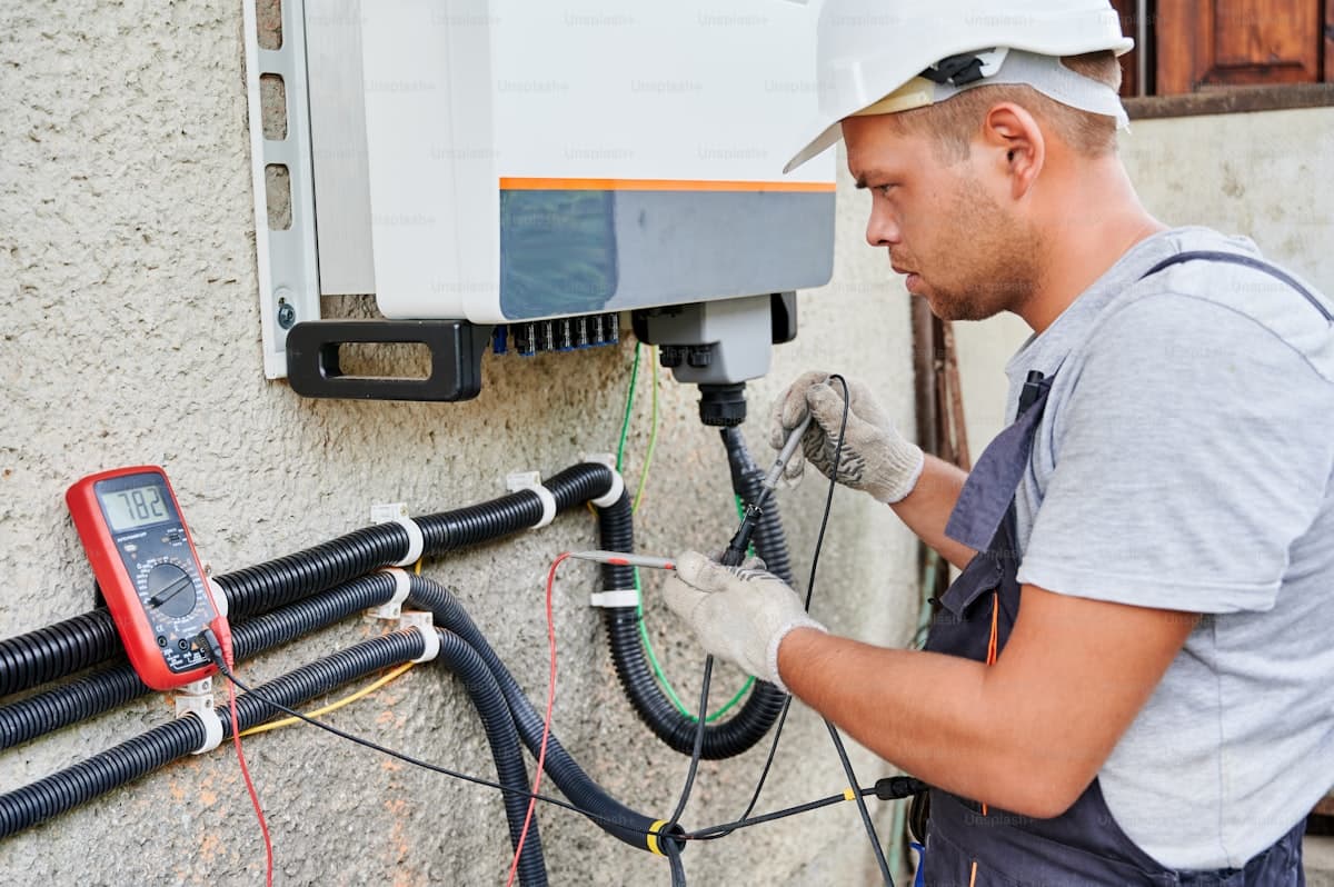 Electrician installing electrical panel and solar inverter system