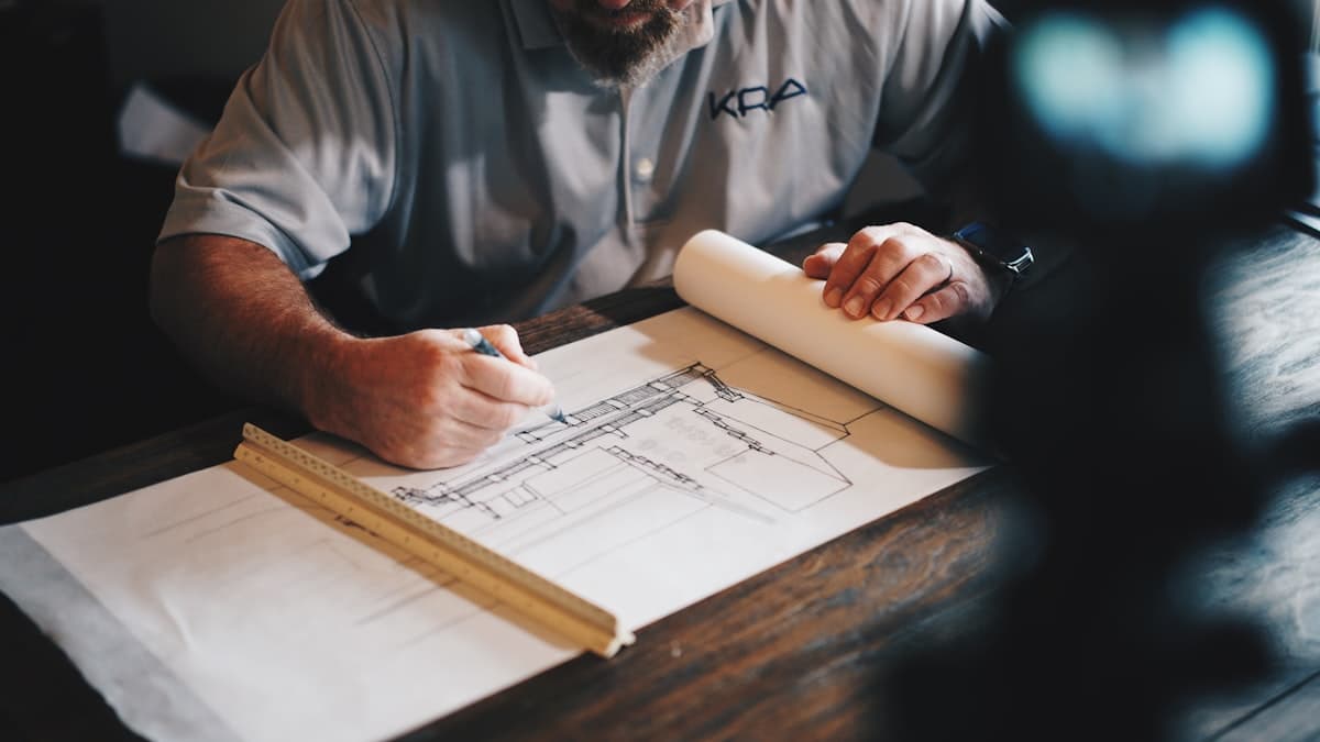 Construction professional reviewing blueprints on an active building site