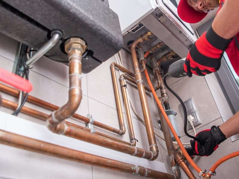 HVAC technician working on copper pipes — VoiceAI handles calls while your team stays on the job